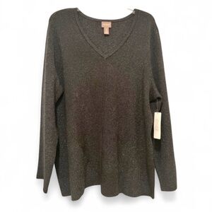 NWT Chicos Size 3 v-neck long sleeve metallic silver sparkly black pullover top